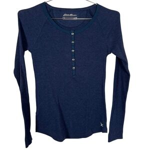 Casual Blue Henley Eddie Bauer Waffle Knit Thermal Long Sleeve Top XS
